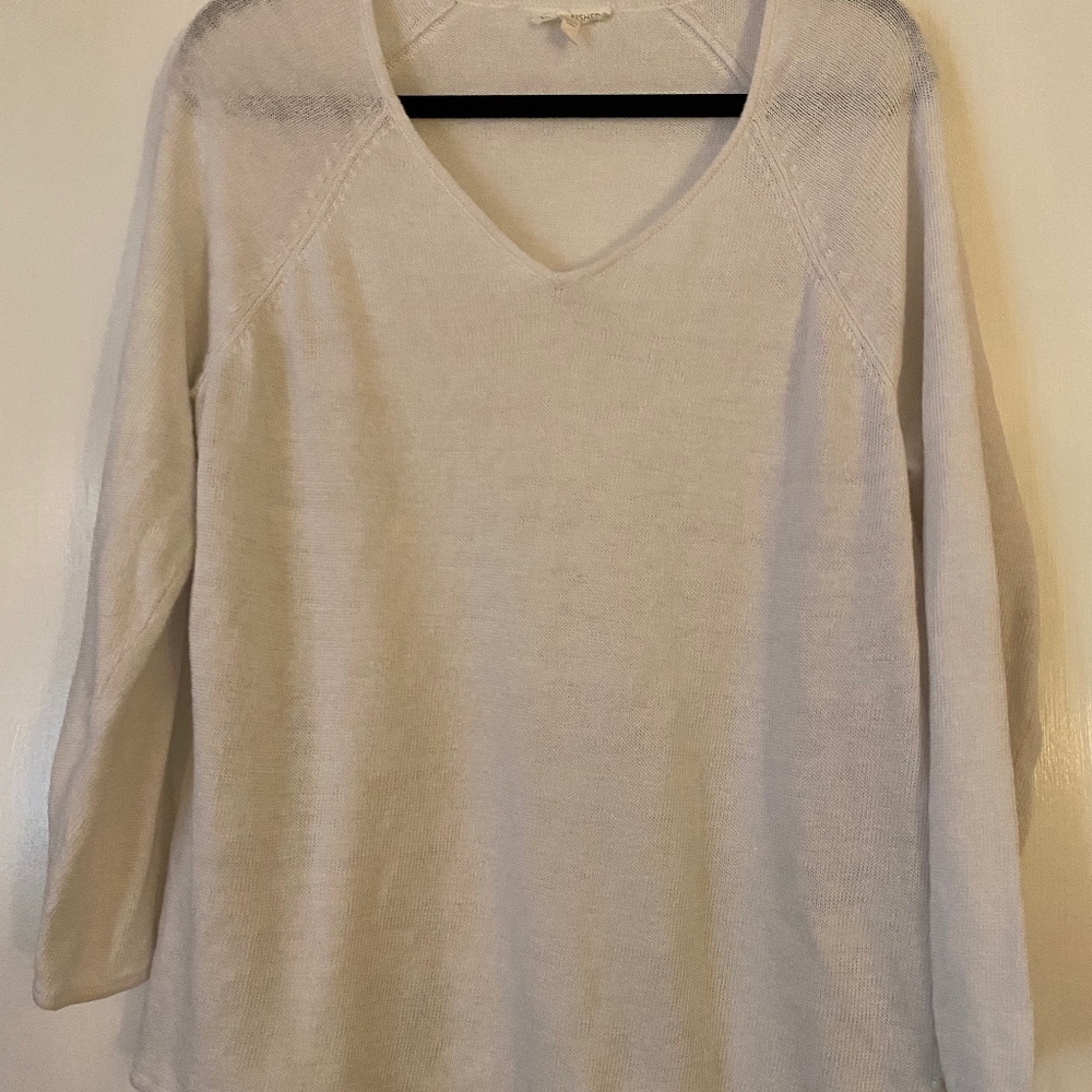 Eileen Fisher White LS Vee Neck Top L